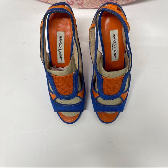 🧡SOLD! RARE MANOLO BLAHNIK DENIM & LEATHER HEELS 39 8.5 - Picture 5 of 11
